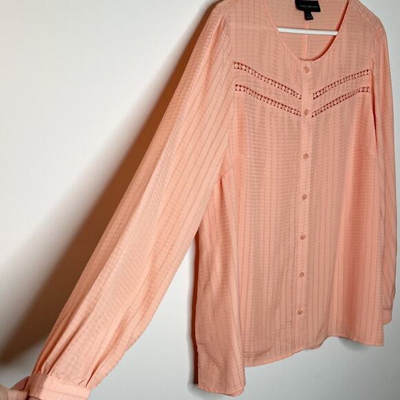 Lane Bryant Women's Blouse 14 Coral Pink Crochet Long Sleeve Crew Neck Button Up - Picture 4 of 8